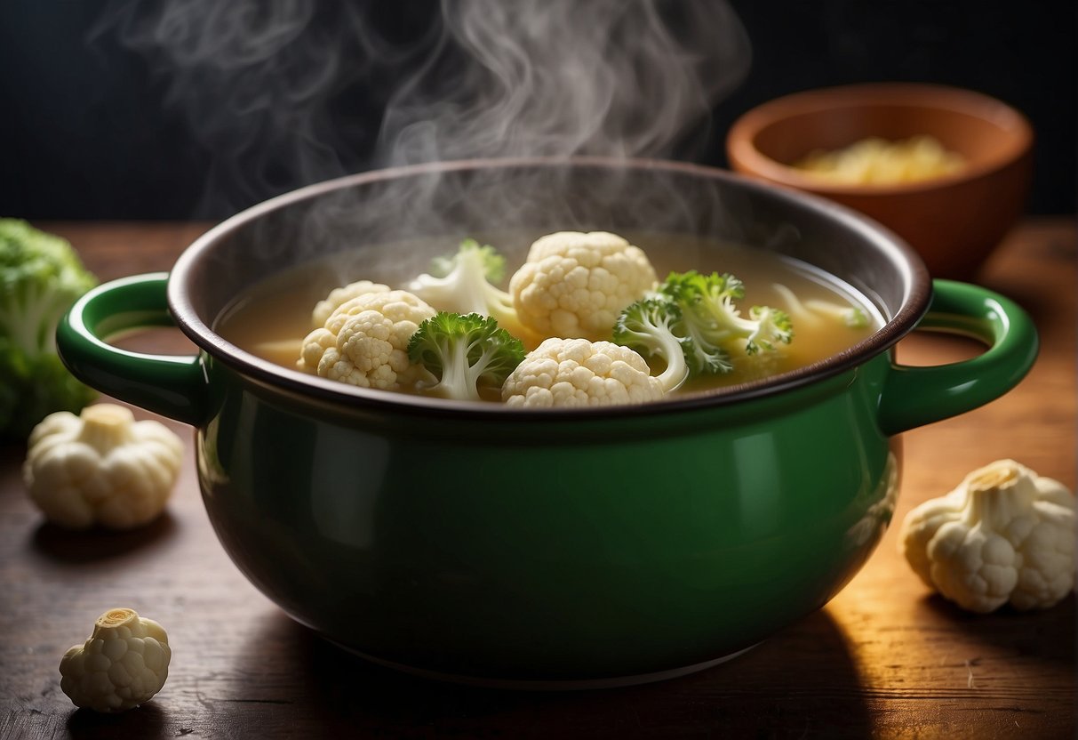 Cauliflower chunks simmer in a pot of fragrant Chinese broth, as steam rises and a ladle stirs the soup