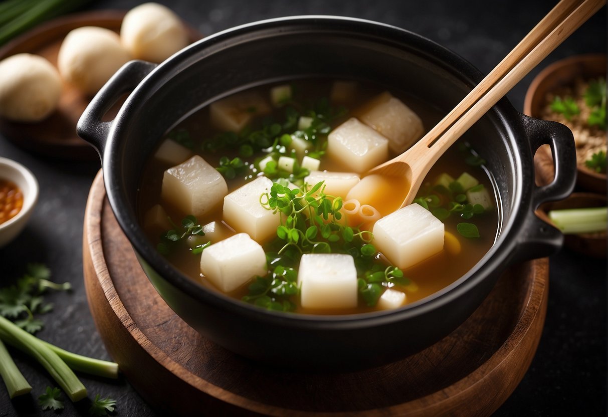 Chinese turnip soup simmers in a large pot. A ladle scoops the fragrant broth into a bowl, ready for serving. Garnish with green onions
