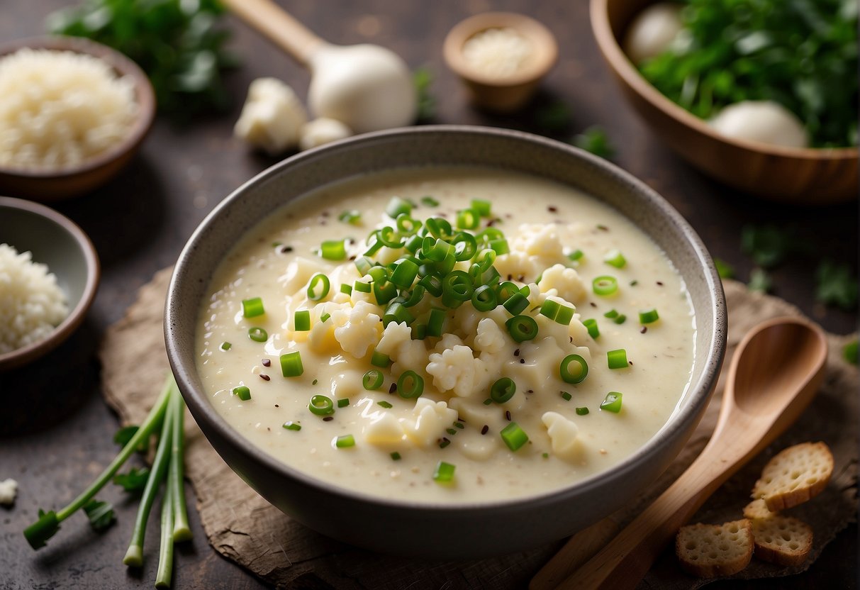 A steaming bowl of creamy cauliflower soup is being garnished with a sprinkle of chopped green onions and a drizzle of fragrant sesame oil