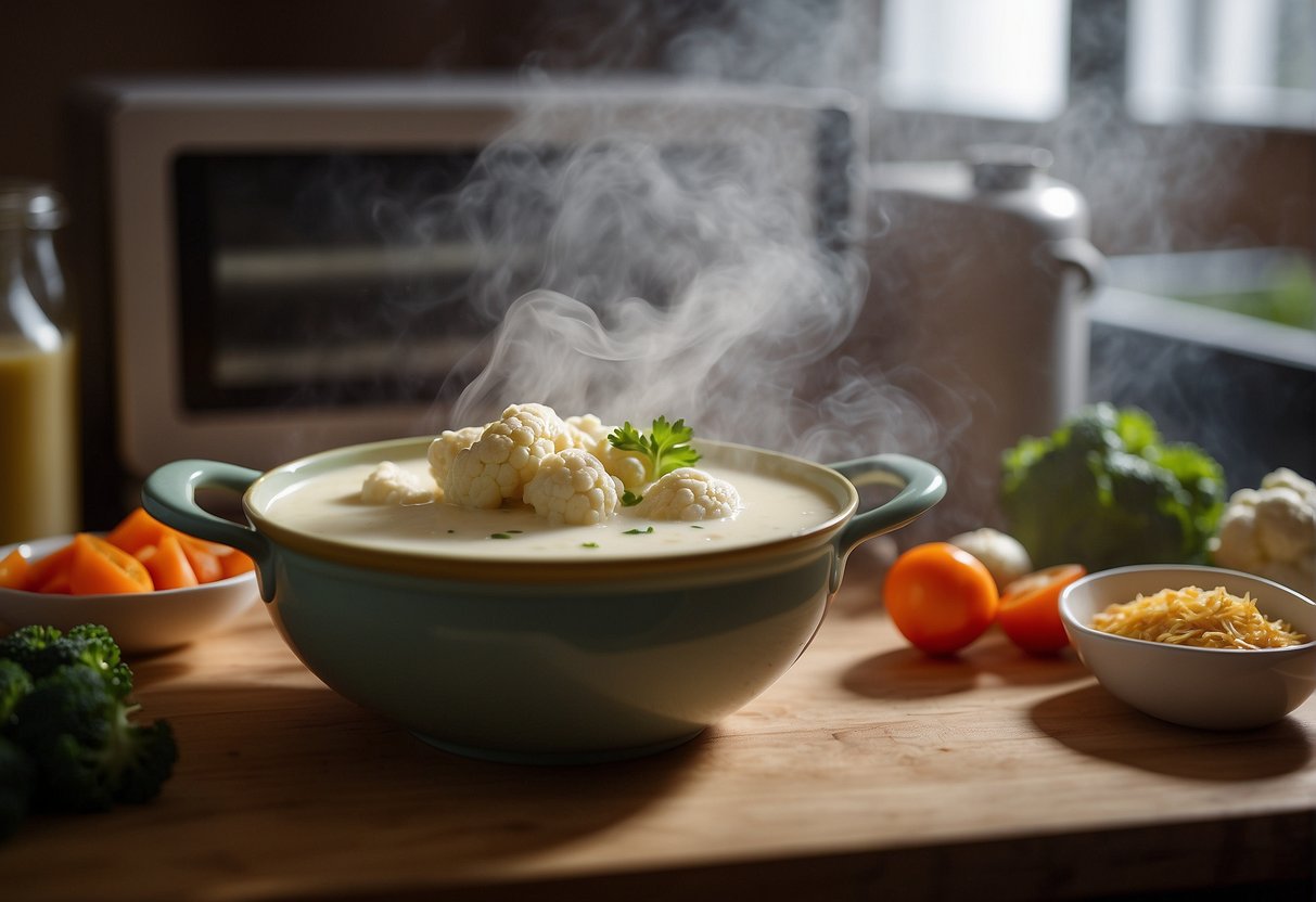 Cauliflower soup in a Chinese-themed kitchen, stored in a glass container. A microwave in the background, with steam rising from the reheated soup