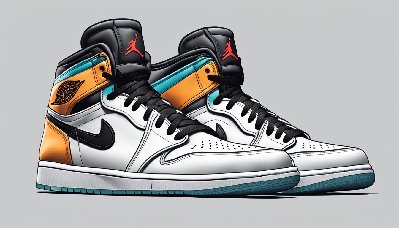 A pair of iconic Air Jordan sneakers stands prominently on a clean, white background, showcasing the distinctive design and branding of the Jordan brand