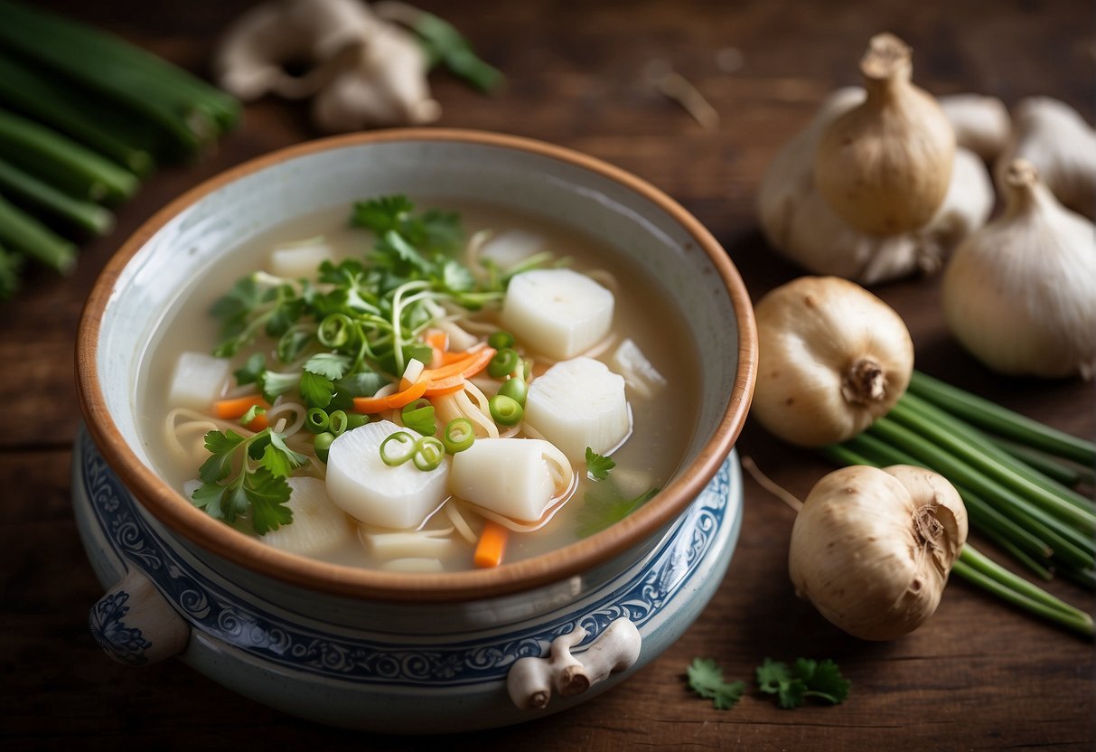 A steaming pot of Chinese turnip soup sits on a rustic wooden table, surrounded by fresh ingredients like ginger, garlic, and green onions. A handwritten recipe card lays beside the pot, detailing the steps for creating the nutritious and flavorful dish