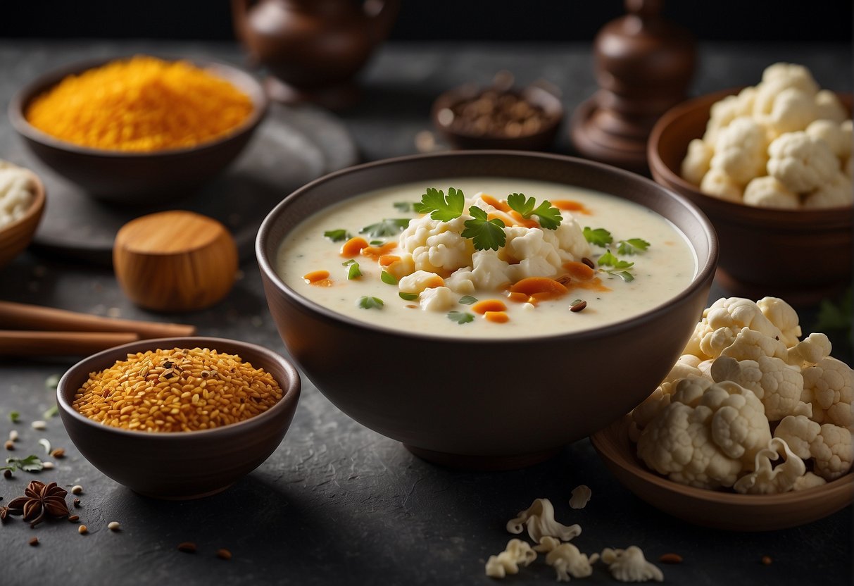 A steaming bowl of cauliflower soup with Chinese spices, surrounded by a collection of frequently asked questions about the recipe