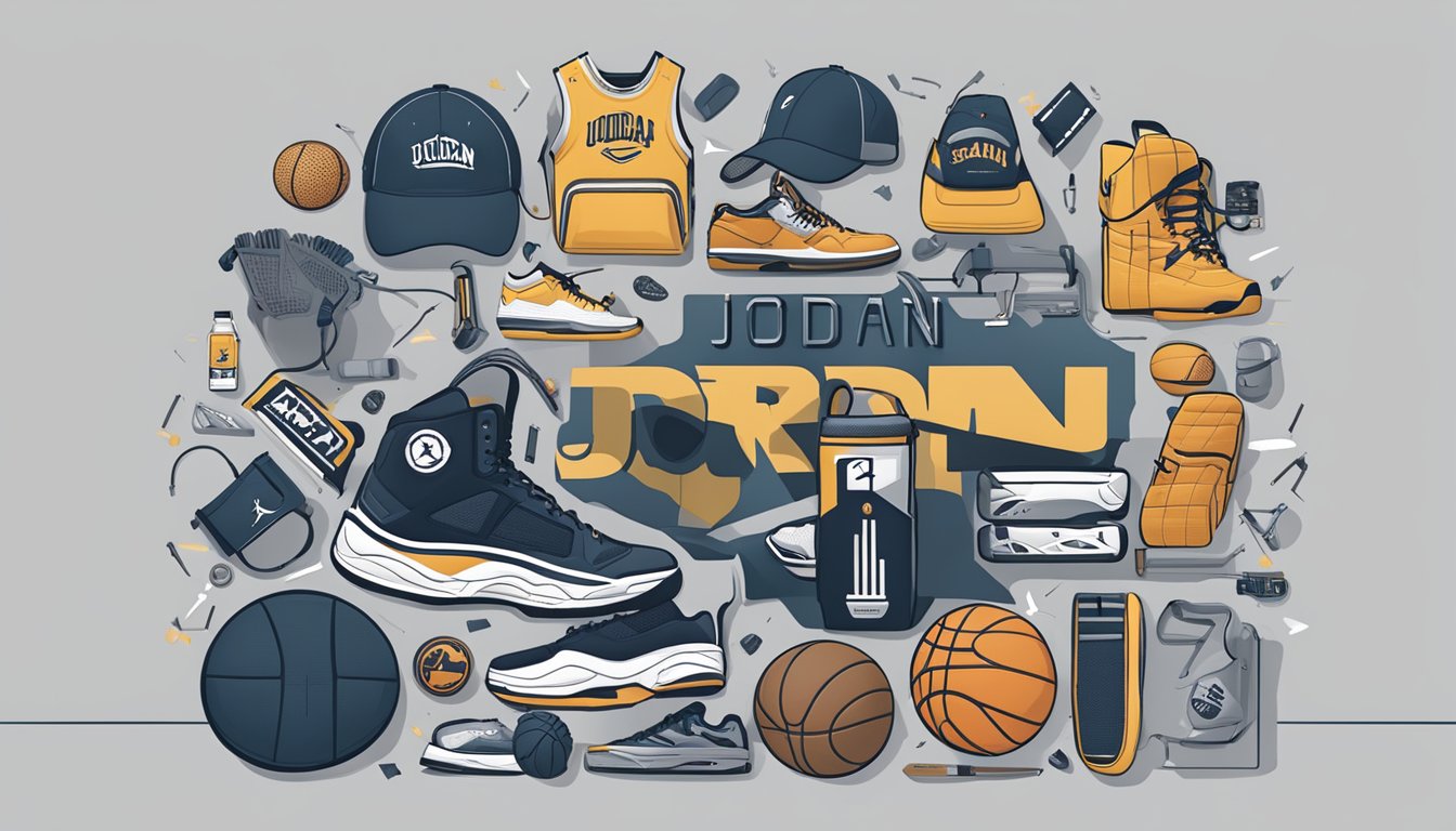 Jordan Brand logo prominently displayed with various sports equipment and apparel, surrounded by endorsement logos
