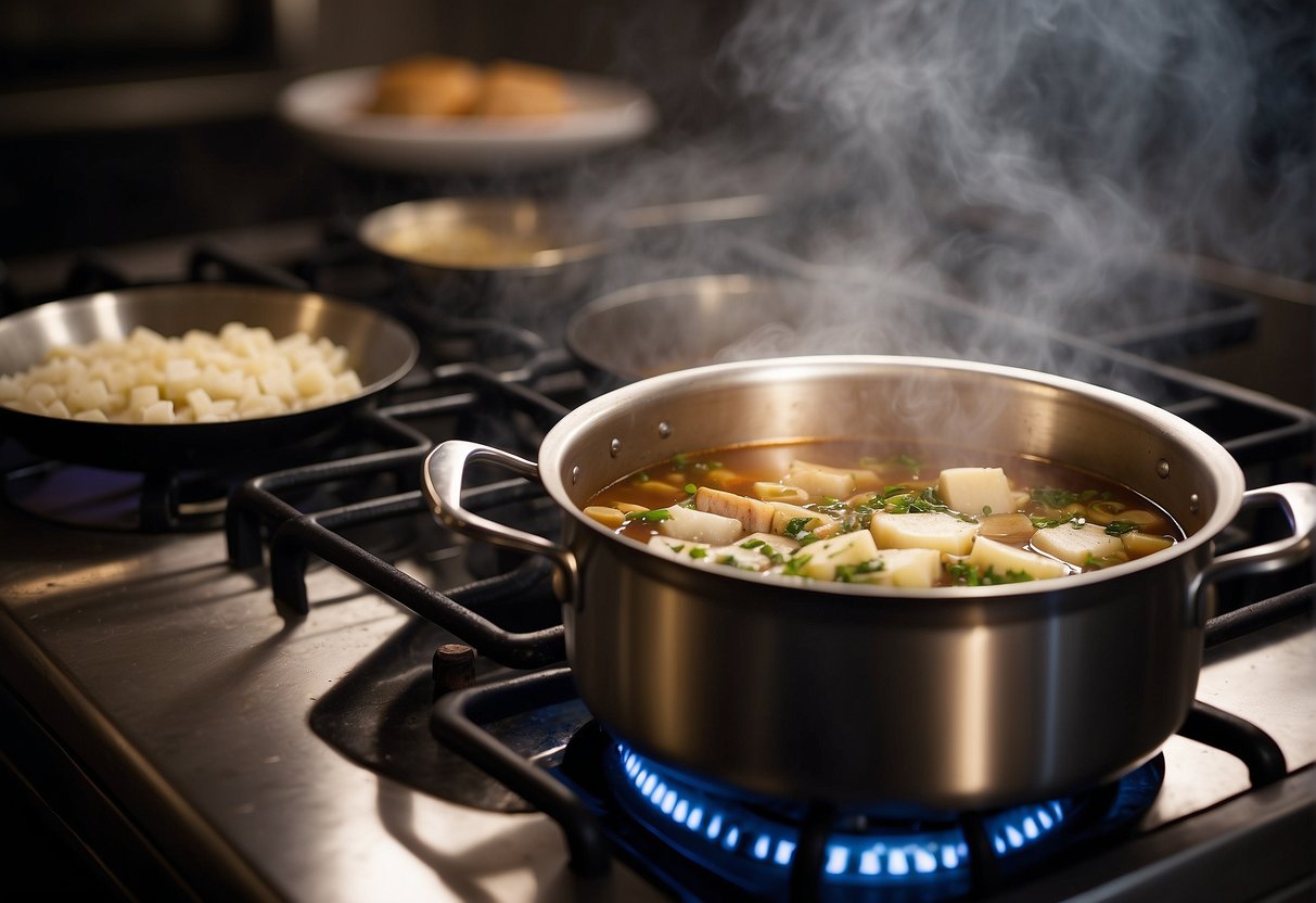 A pot simmering on a stove, filled with chunks of Chinese turnip, pork, and broth, as steam rises and the aroma of cooking fills the air