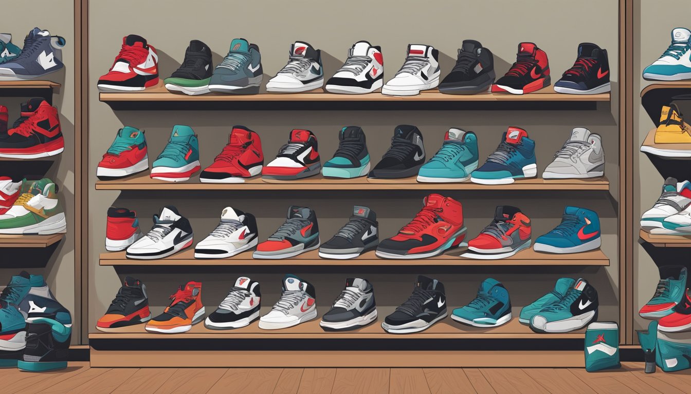A display of iconic Jordan sneakers arranged on shelves, surrounded by vintage posters and memorabilia. The store's logo prominently featured on the wall