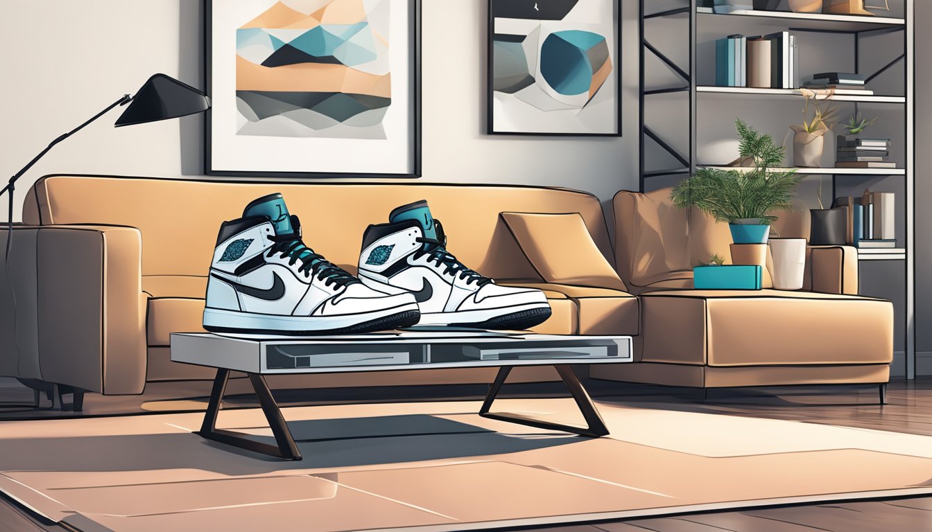 A pair of Jordan brand sneakers placed on a sleek, modern coffee table surrounded by contemporary home decor and technology gadgets
