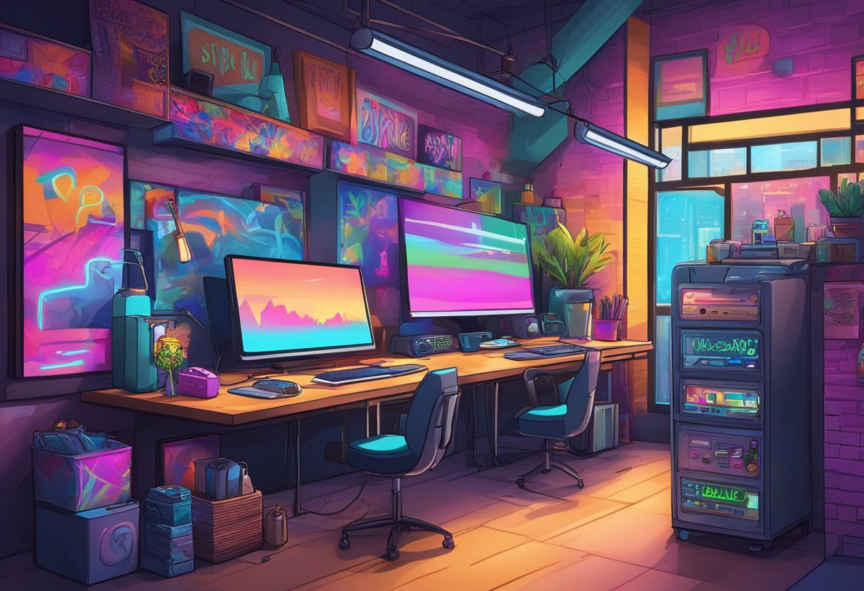 A sleek, modern studio with a graffiti-covered wall, a neon sign, and a row of stylish, VIP-themed Instagram usernames displayed on a digital screen