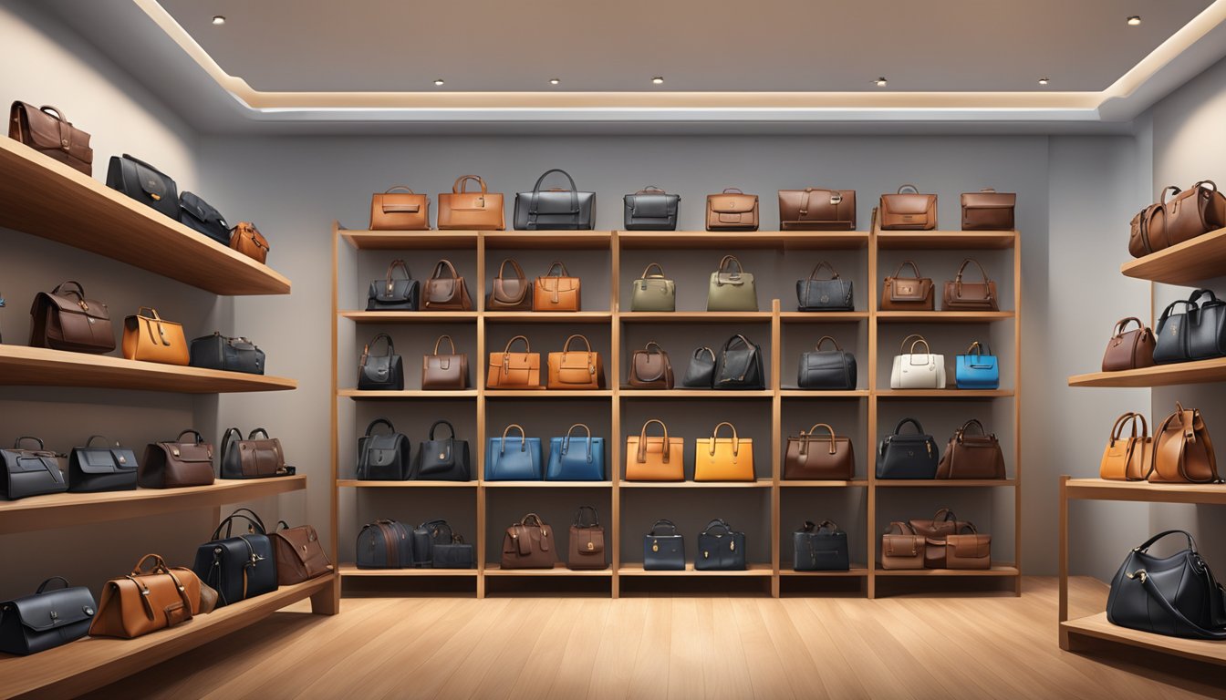 A display of various leather bag brands arranged on shelves and racks in a high-end boutique