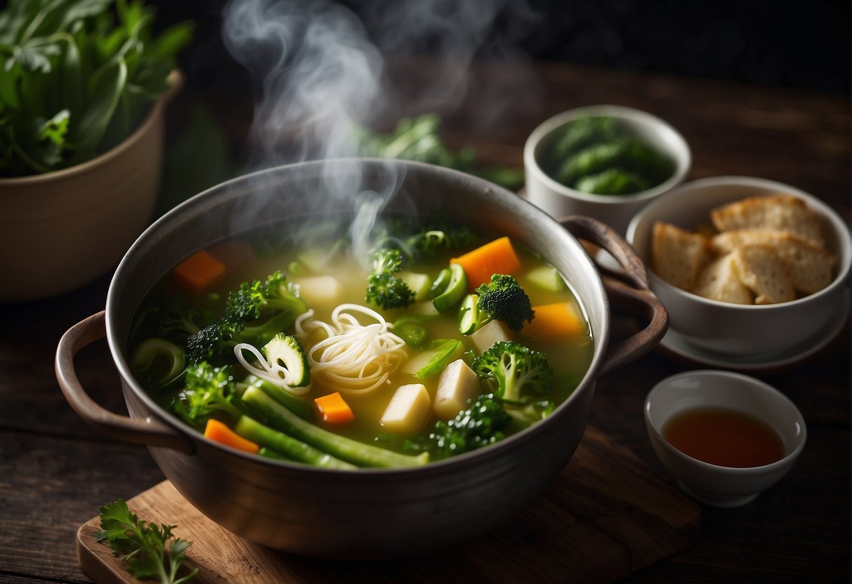 A steaming pot of Chinese veg clear soup, filled with vibrant green vegetables and aromatic herbs, sitting on a rustic wooden table