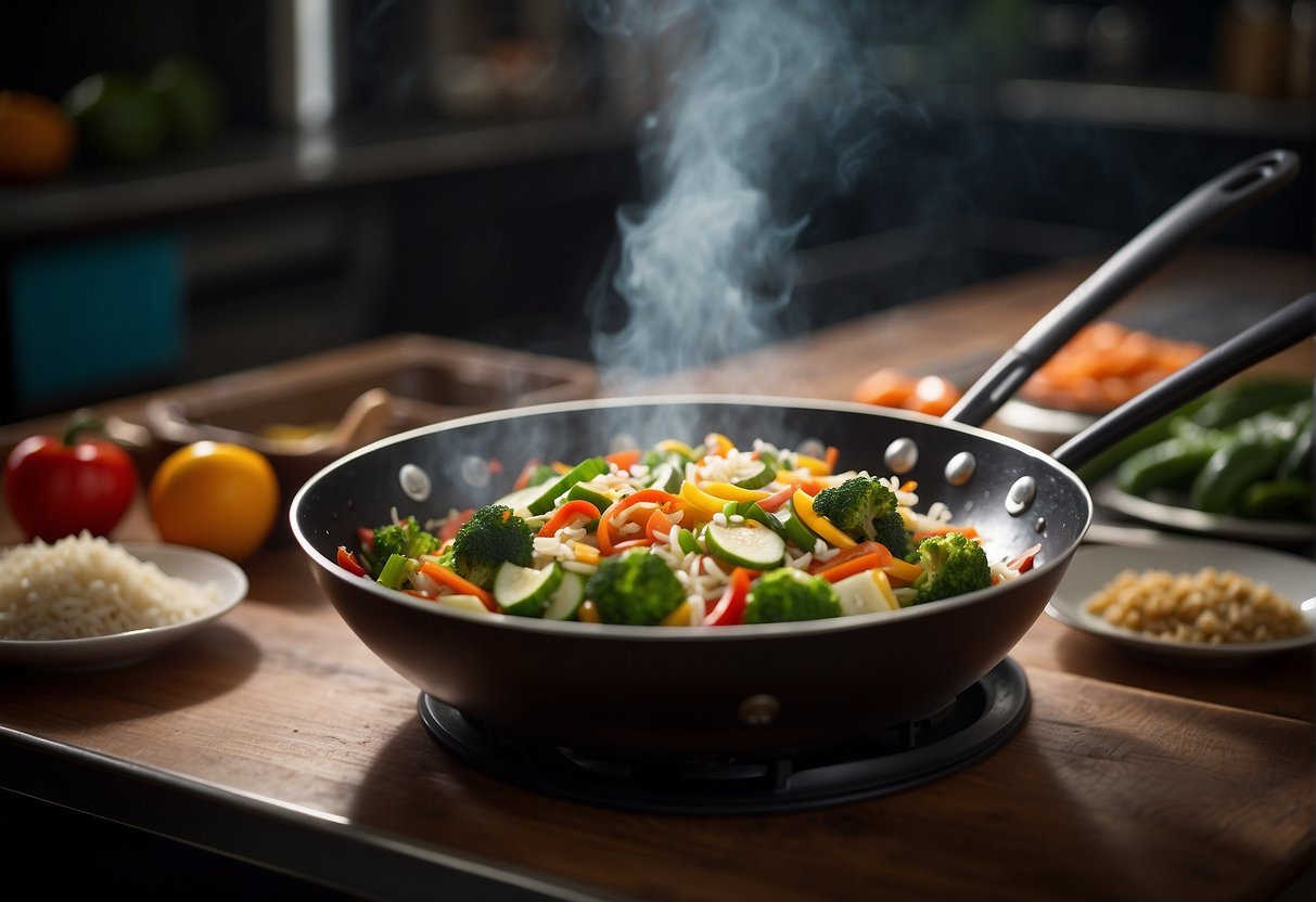 A wok sizzles with stir-fried vegetables, rice, and savory seasonings. Steam rises as the ingredients are tossed together, creating a fragrant and colorful dish