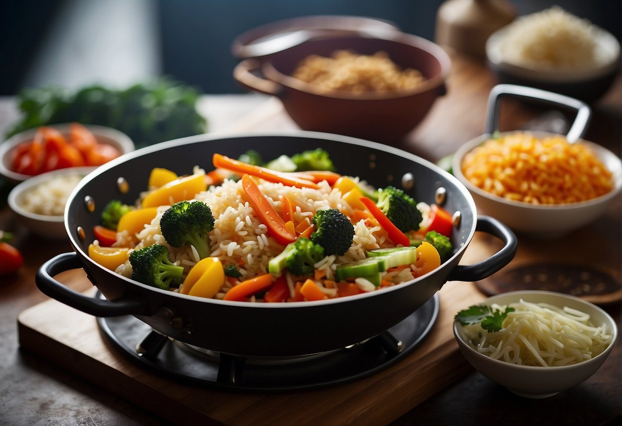 A wok sizzles with colorful veggies, rice, and aromatic spices, ready to be tossed together for a delicious Chinese veg fried rice recipe