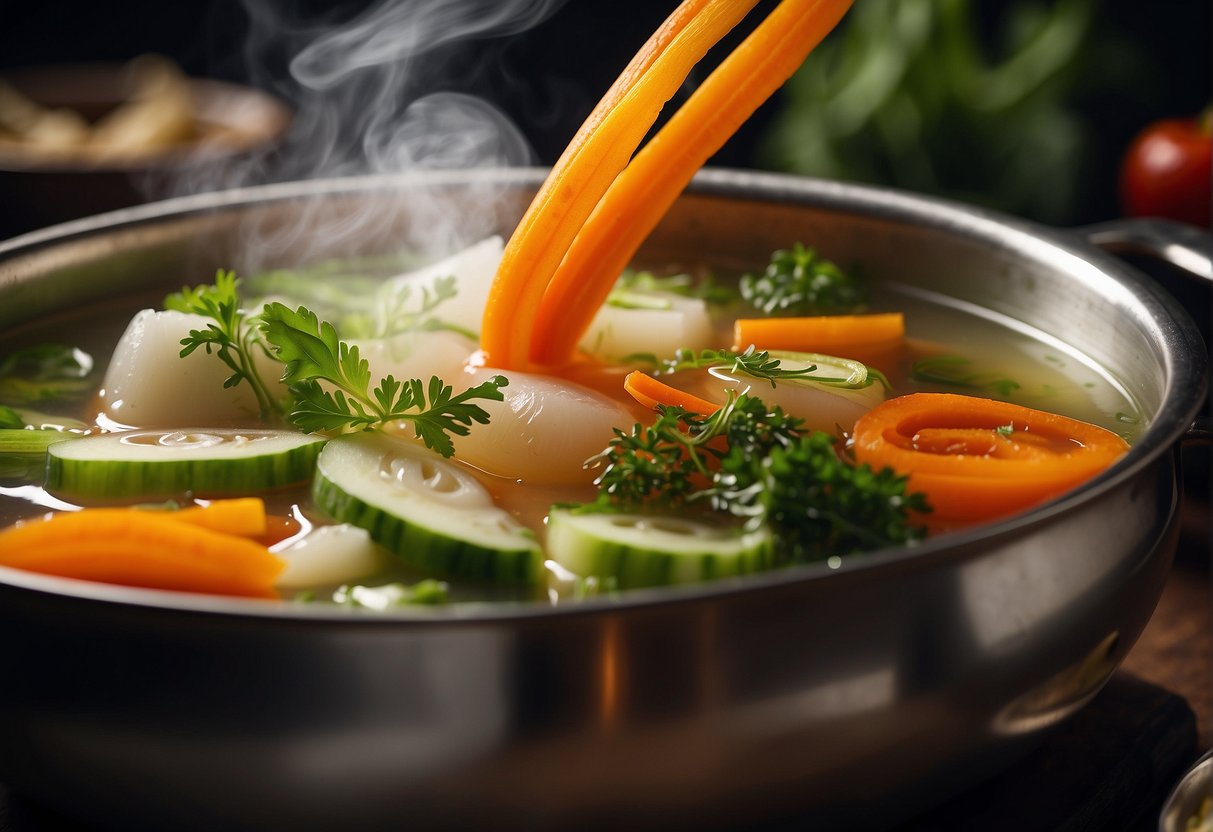 A steaming pot of Chinese veg clear soup with colorful vegetables floating in a clear, savory broth, garnished with fresh herbs