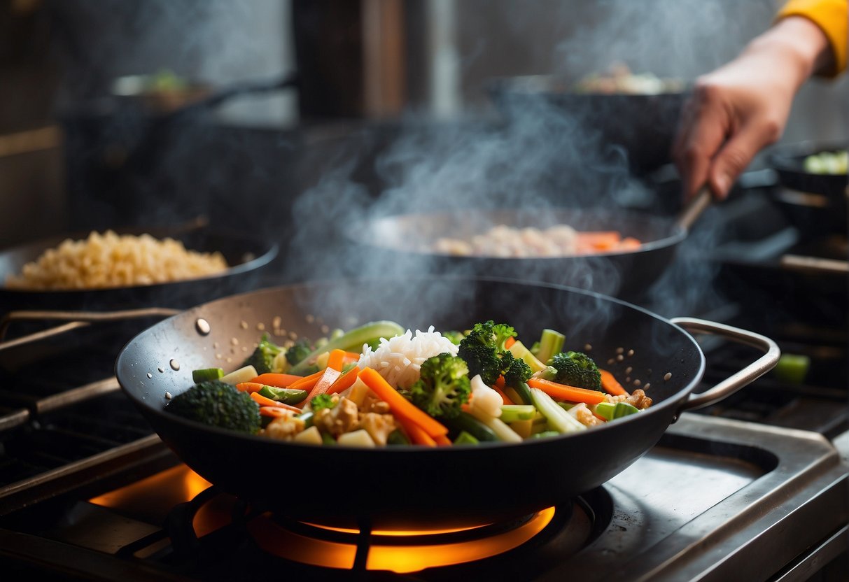 A wok sizzles as vegetables and rice are stir-fried with soy sauce and spices in a cloud of steam