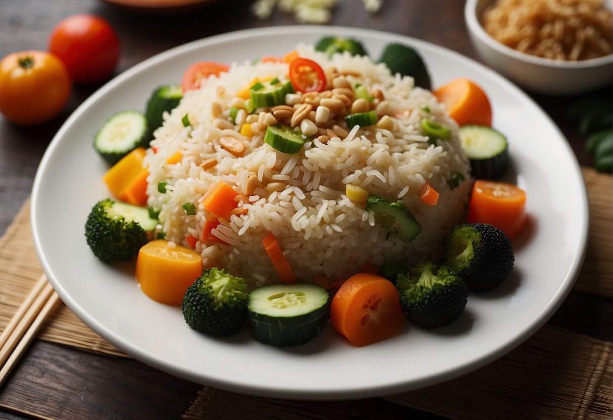 A steaming plate of Chinese veg fried rice surrounded by colorful vegetables and chopsticks