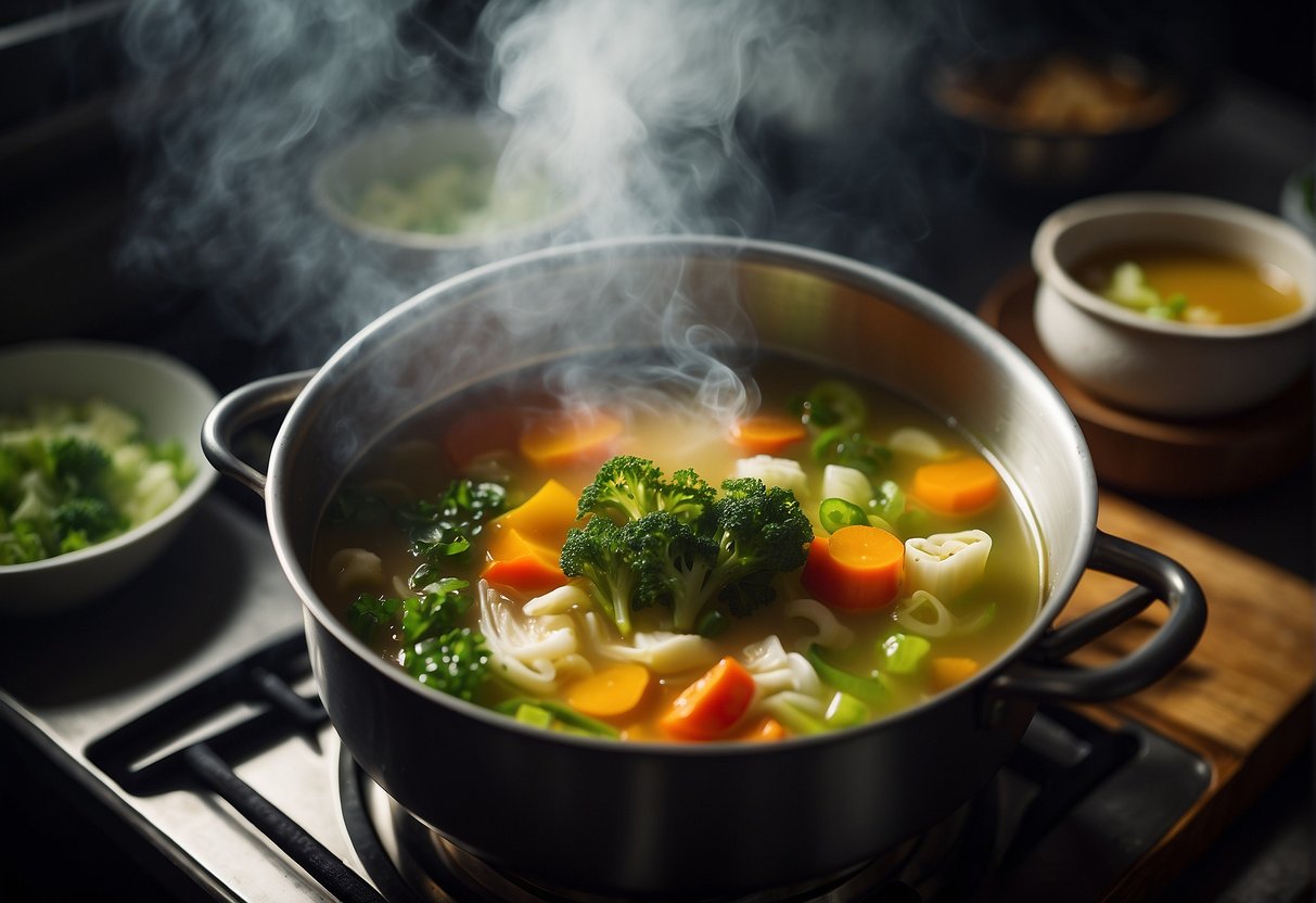 A steaming pot of Chinese veg clear soup simmers on a stove, filled with vibrant vegetables and fragrant herbs, emitting a mouthwatering aroma