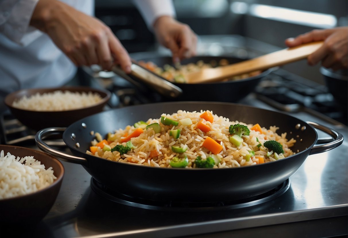 A wok sizzles as Chinese veg fried rice is scooped into airtight containers for storage. Later, the rice is reheated in a microwave