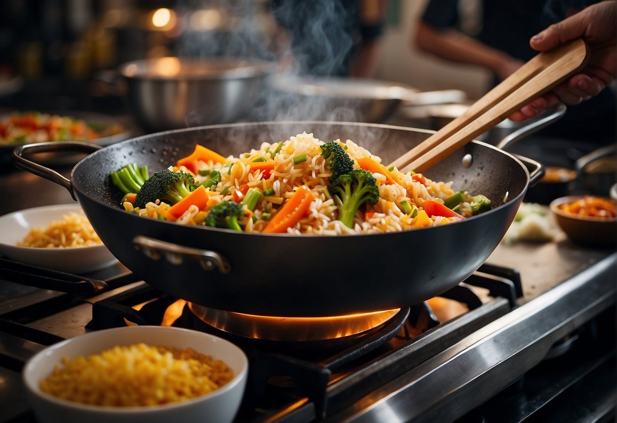 A wok sizzles as colorful vegetables and rice are tossed together with soy sauce and spices in a bustling kitchen