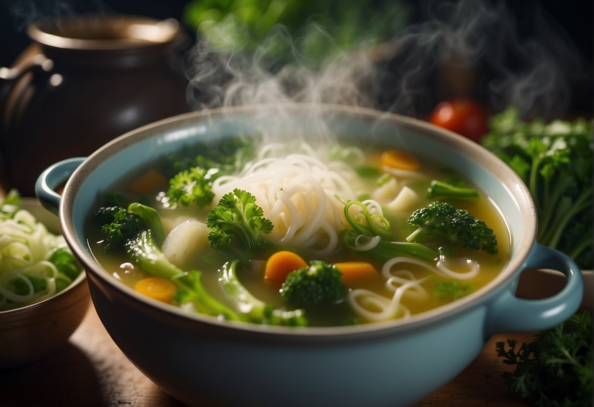 A steaming pot of Chinese veg clear soup, with vibrant green vegetables and aromatic herbs floating in a clear, flavorful broth