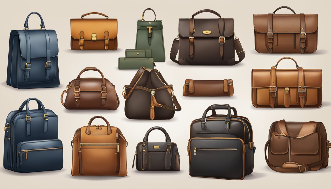 A display of various leather bag styles from top brands, showcasing their quality and design features