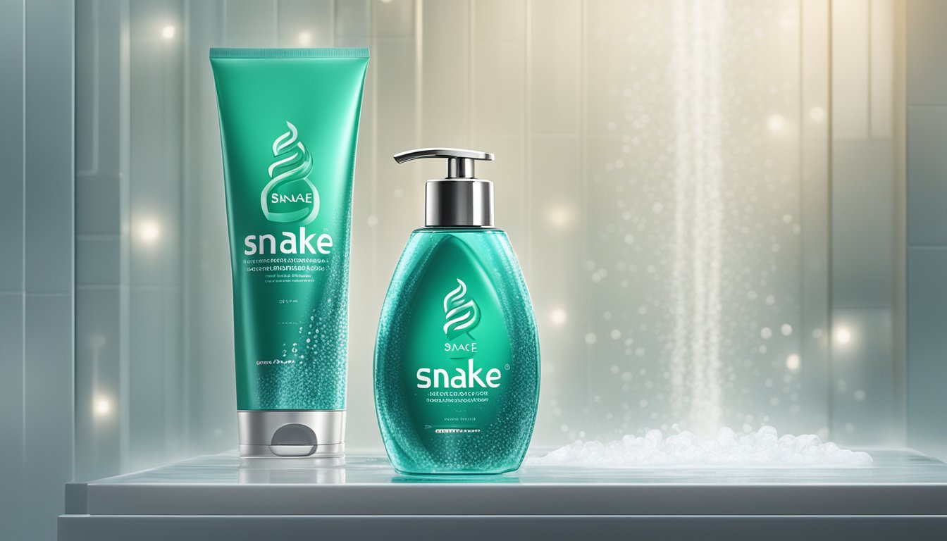 A bottle of Snake Brand shower gel sits on a sleek, modern shower shelf, surrounded by droplets of water and steam rising in the background