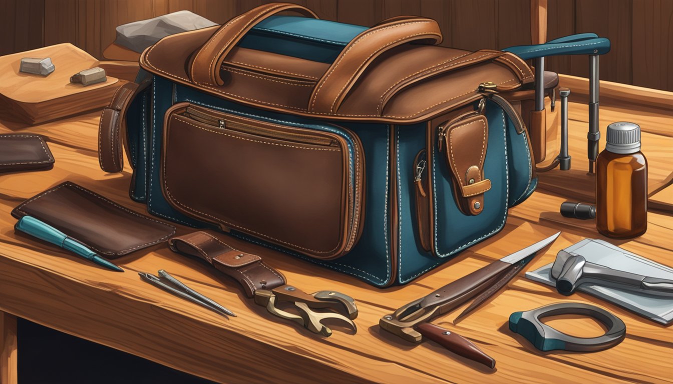 A well-crafted leather bag sits on a wooden workbench, surrounded by tools and materials. The stitching is precise, and the leather is smooth and supple, showcasing the quality and skill of the brand