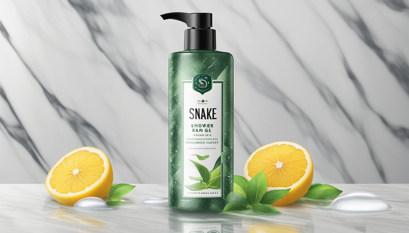 A bottle of Snake Brand shower gel stands on a marble countertop, surrounded by droplets of water. The label boasts its moisturizing and refreshing properties