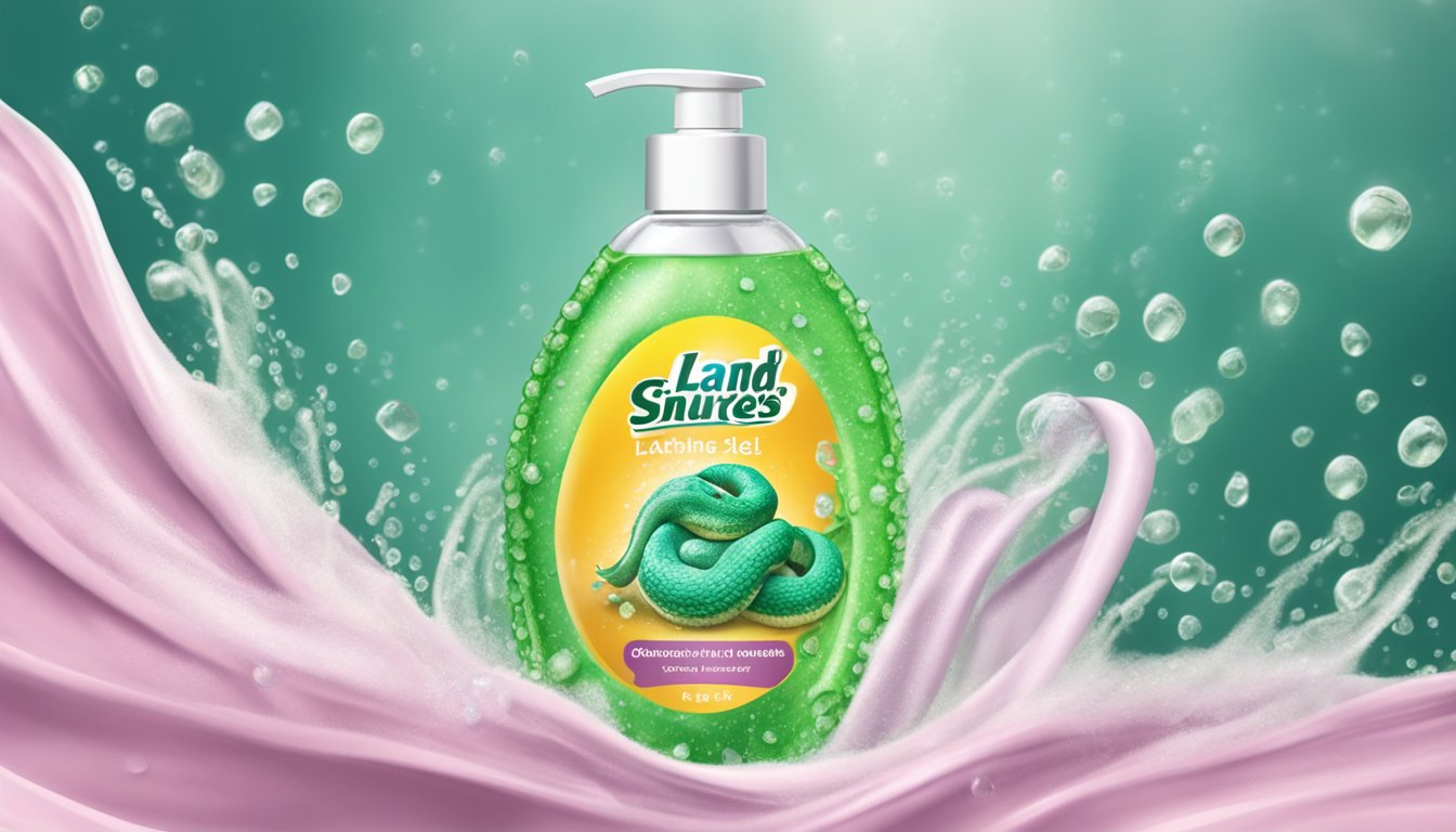 A hand squeezes Snake Brand shower gel onto a loofah, lathering it against the skin. Water droplets bead on the bottle's surface