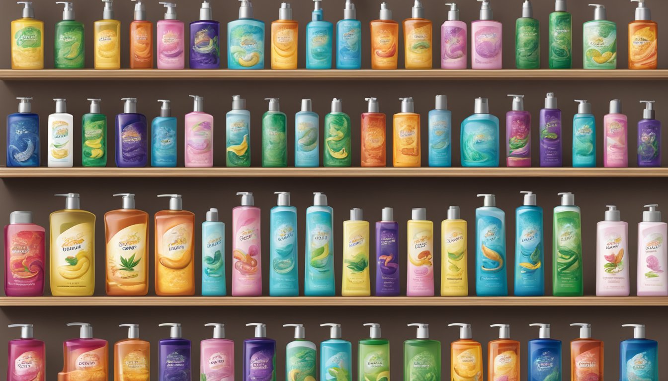 A display of various Snake Brand shower gel bottles in different scents and sizes arranged on a shelf