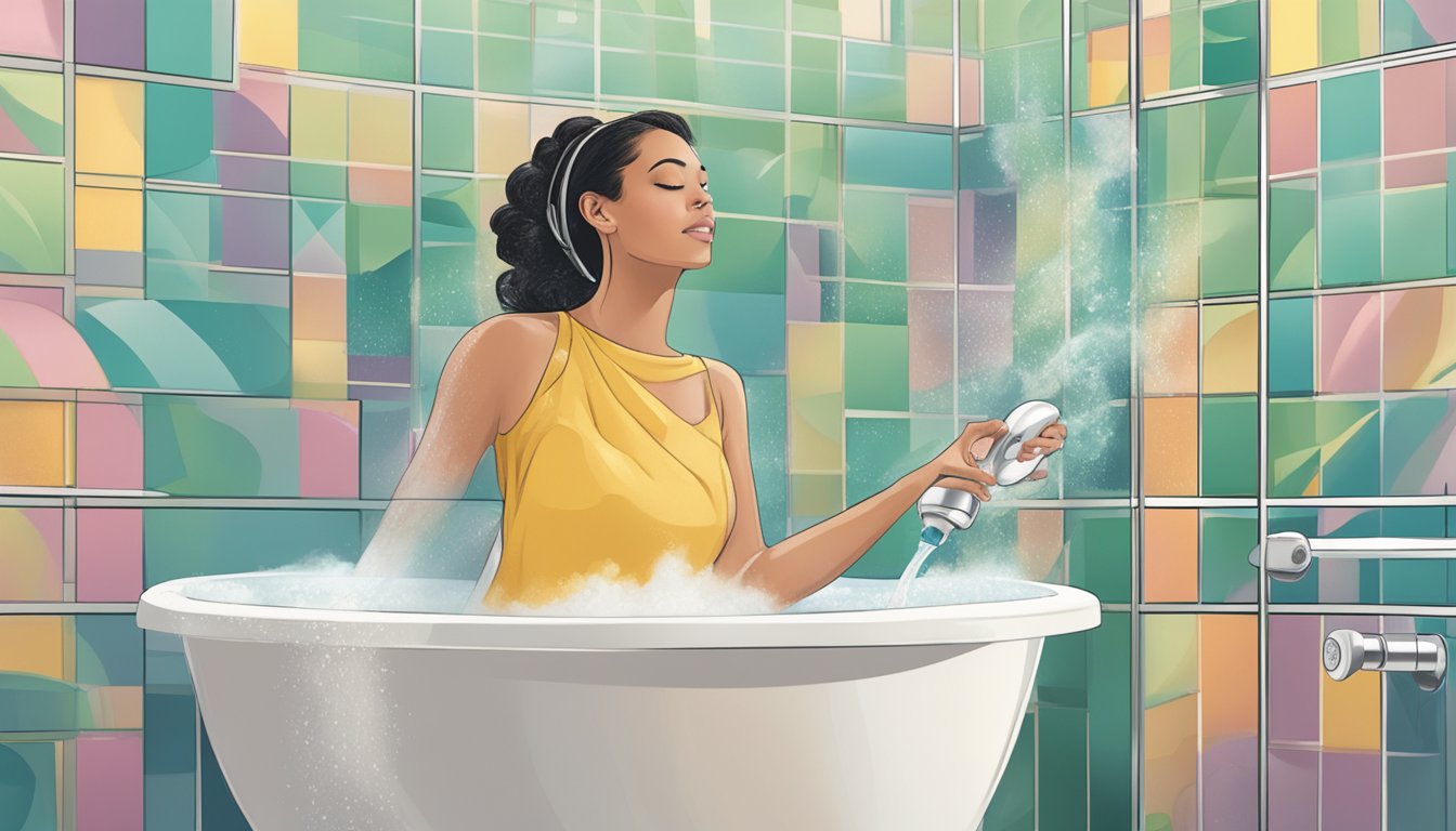 A woman in a shower, using Snake Brand shower gel. The bathroom is filled with steam, and the product is prominently displayed