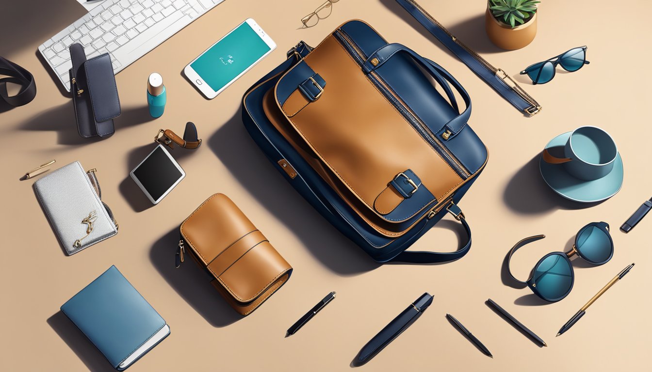 A sleek leather bag sits on a modern desk, surrounded by stylish accessories. The bag's clean lines and luxurious material exude a perfect blend of functionality and fashion