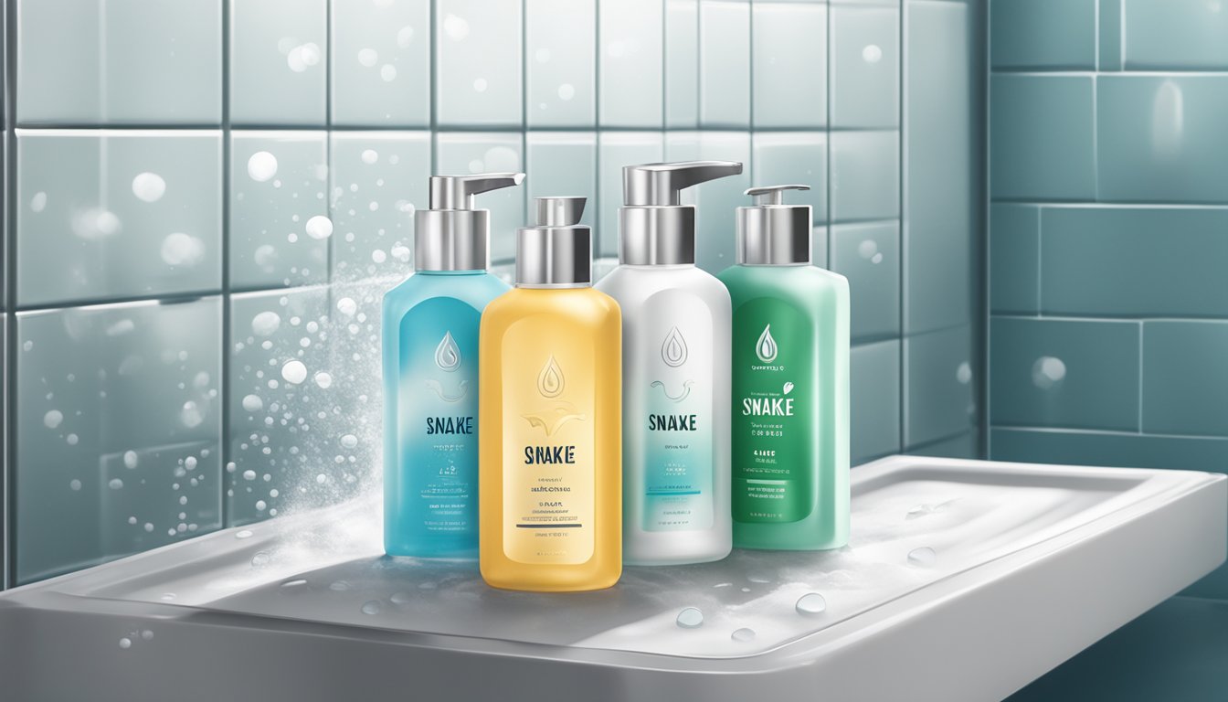 A bottle of Snake Brand shower gel sits on a sleek, modern shower shelf, surrounded by droplets of water and steam rising from the hot shower