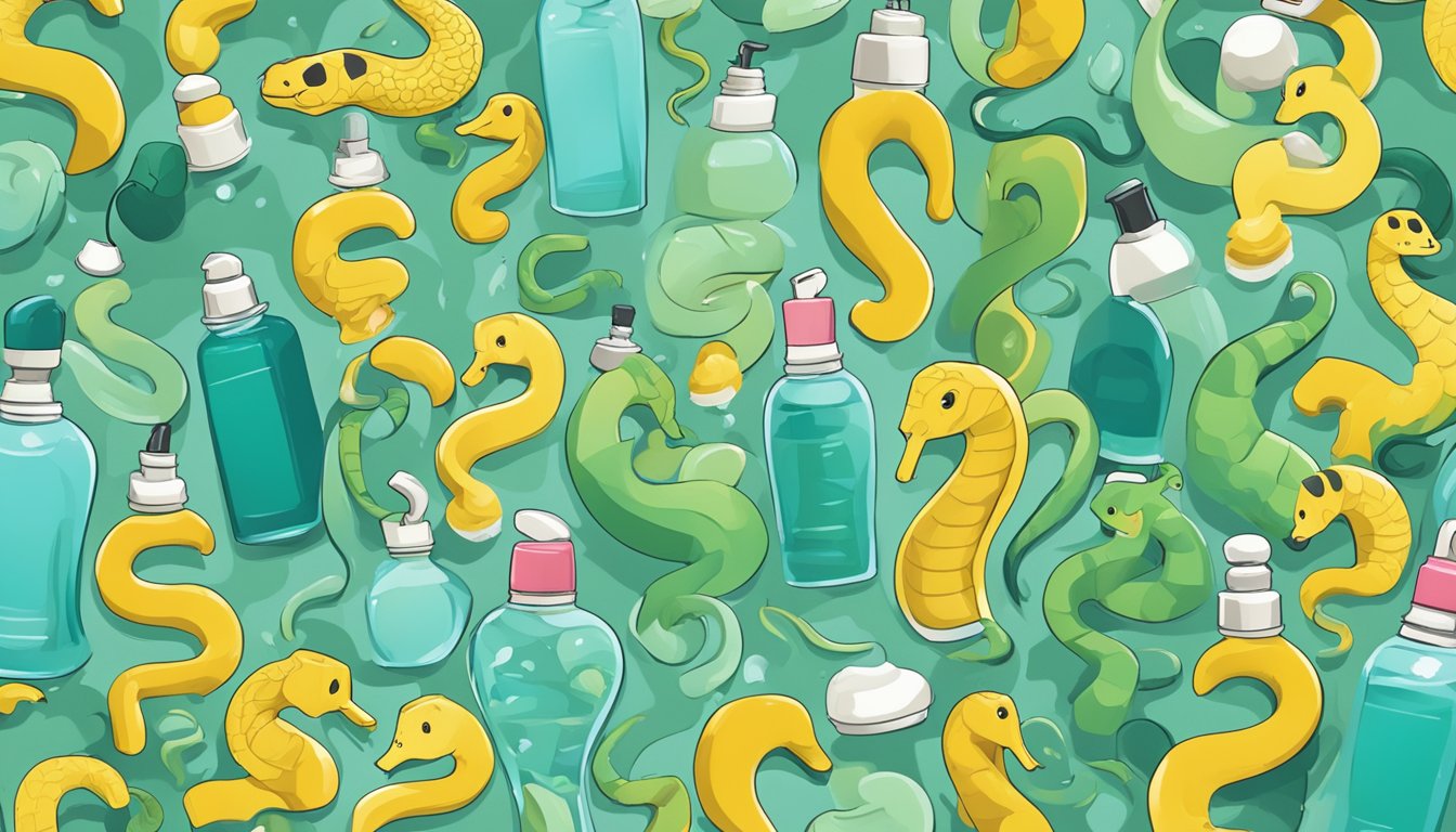 A bottle of snake brand shower gel surrounded by question marks and a curious crowd of animals