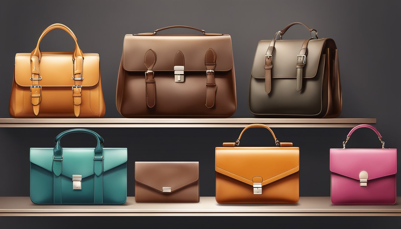 A sleek leather bag collection displayed on a modern shelf with soft lighting and clean lines