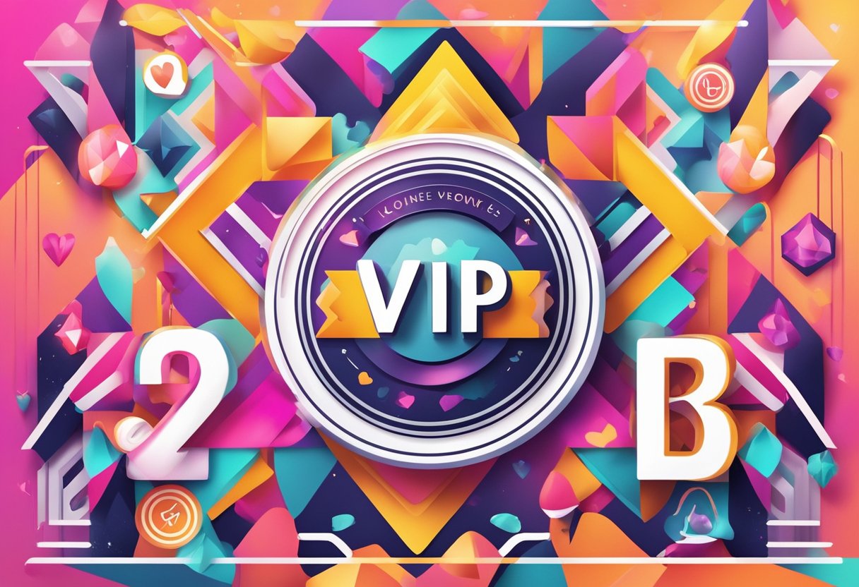 A vibrant, modern background with bold, trendy typography and VIP emblem. Incorporate love symbol and creative elements for a unique, stylish Facebook bio illustration