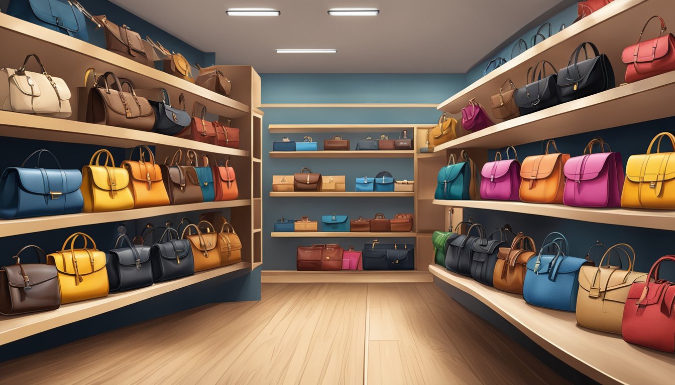 A display of Spanish brand bags arranged on shelves in a boutique