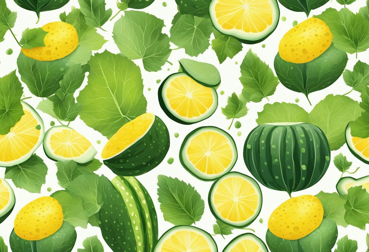 Yellow spots cover green cucumber leaves, varying in size and shape. Some are circular, others irregular. The spots are scattered across the surface of the leaves, creating a visually striking pattern