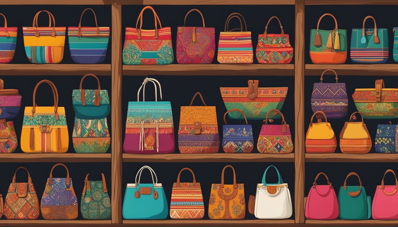 Vibrant Spanish bag brands displayed on rustic shelves in a bustling marketplace. Rich colors and intricate designs catch the eye