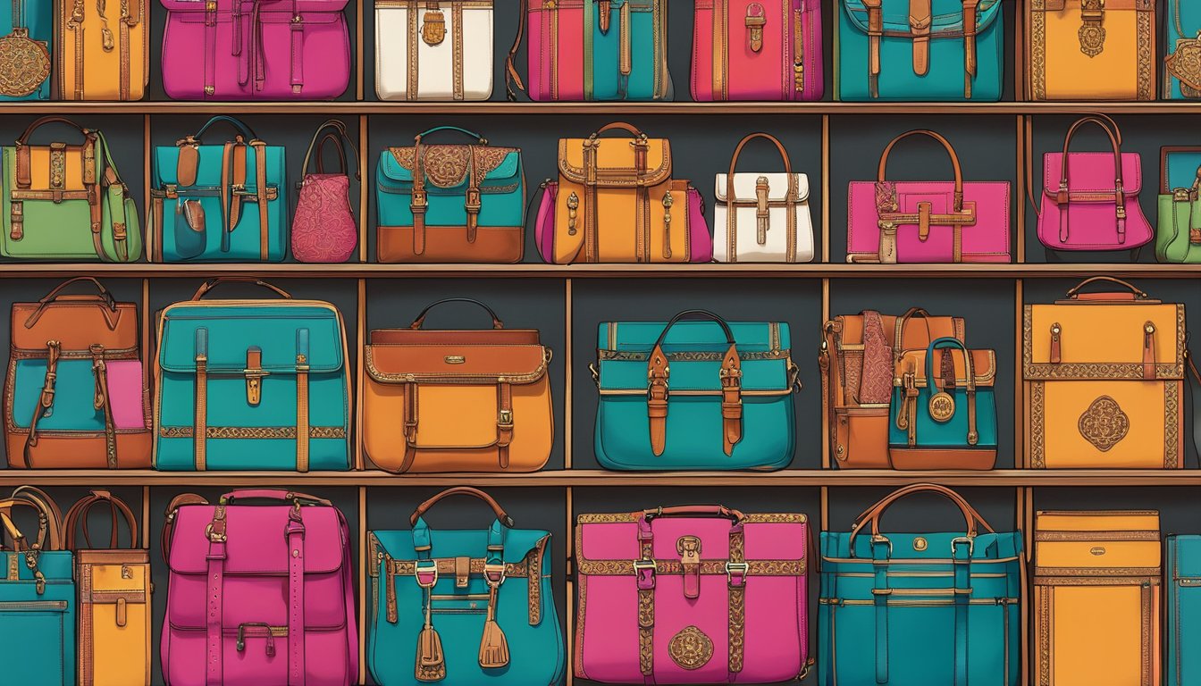 A display of iconic Spanish brand bags, featuring vibrant colors and intricate designs, arranged on shelves against a backdrop of traditional Spanish architecture