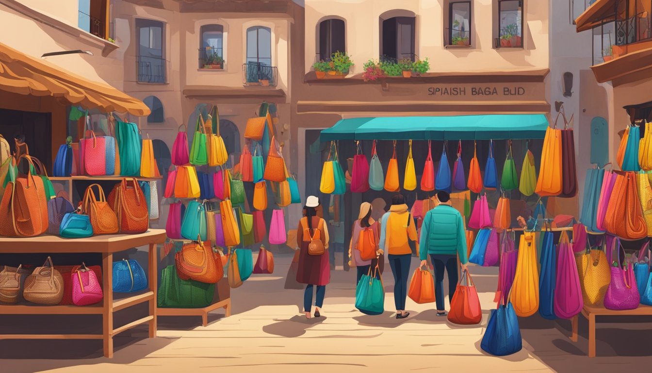 A busy market stall displays colorful Spanish brand bags. Shoppers browse and inspect the leather and woven designs