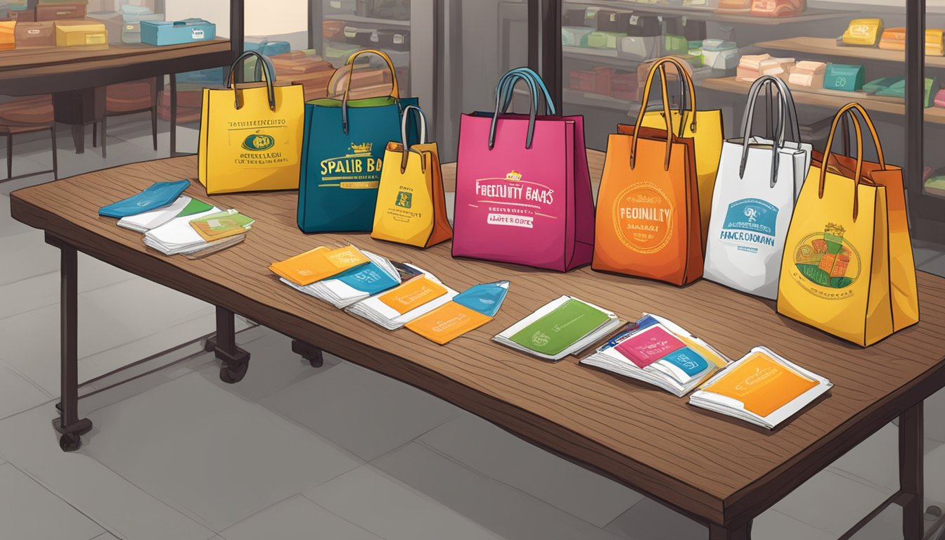 A table with various Spanish brand bags displayed, with a sign reading "Frequently Asked Questions" above them