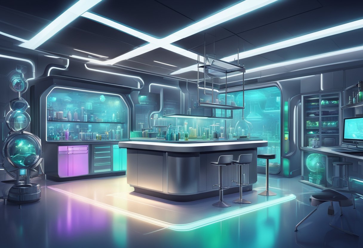 A futuristic laboratory with glowing bio creations, stylish and unique designs, and a VIP atmosphere
