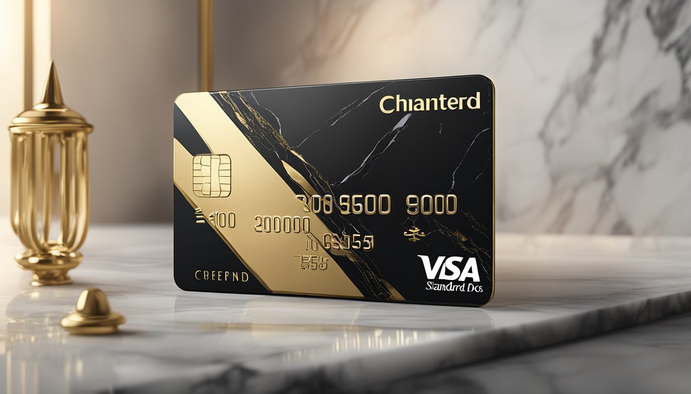A gleaming Standard Chartered Visa Infinite Credit Card rests on a luxurious marble countertop, surrounded by elegant gold and black accents