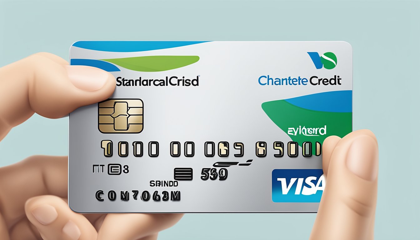 A hand holding a Standard Chartered Visa Infinite Credit Card, with the card's key features and benefits listed in the background