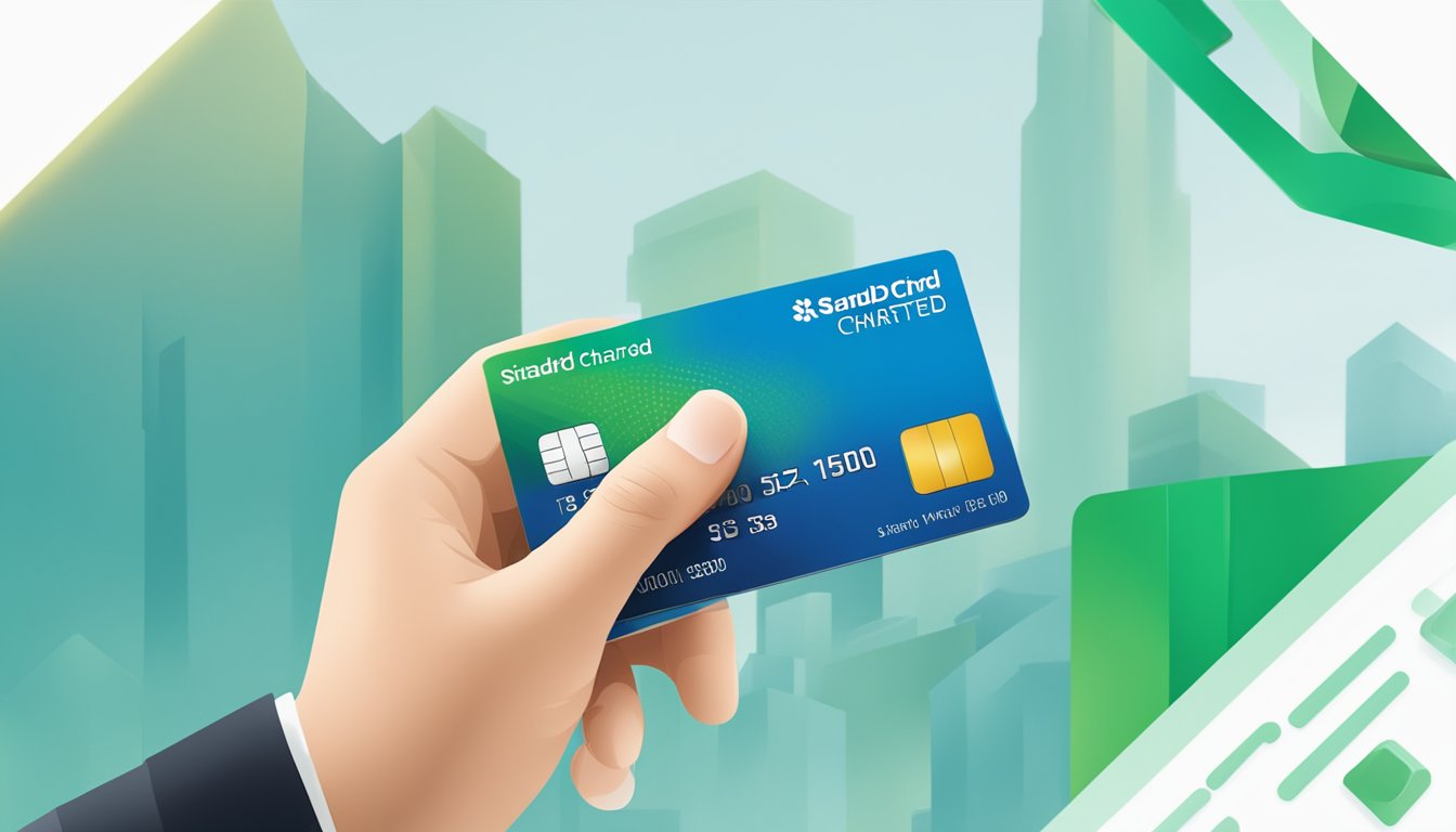 A hand holding a Standard Chartered Visa Infinite Credit Card with income and eligibility requirements displayed in the background
