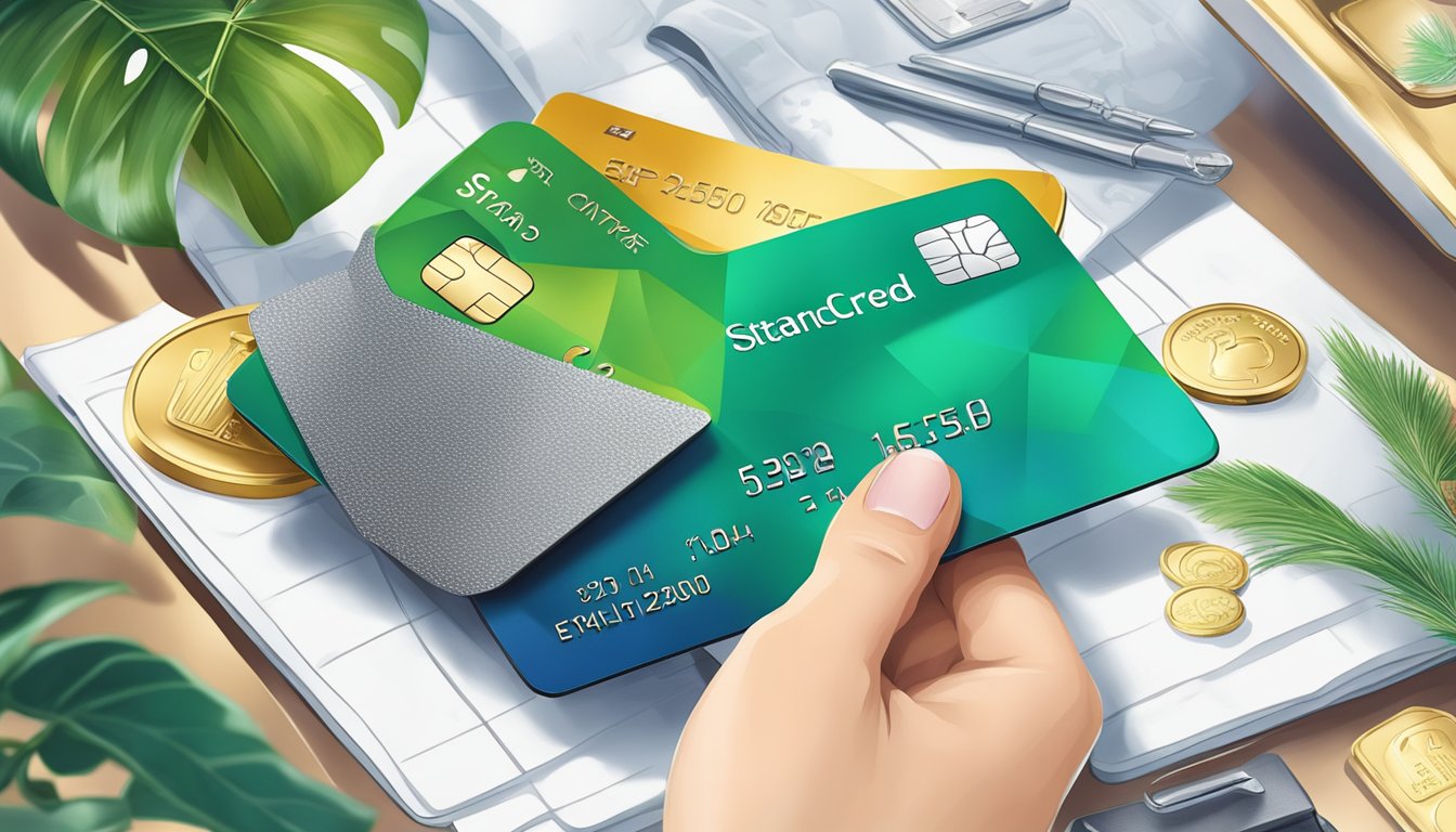 A hand holding a Standard Chartered Visa Infinite Credit Card with a backdrop of luxury items and rewards