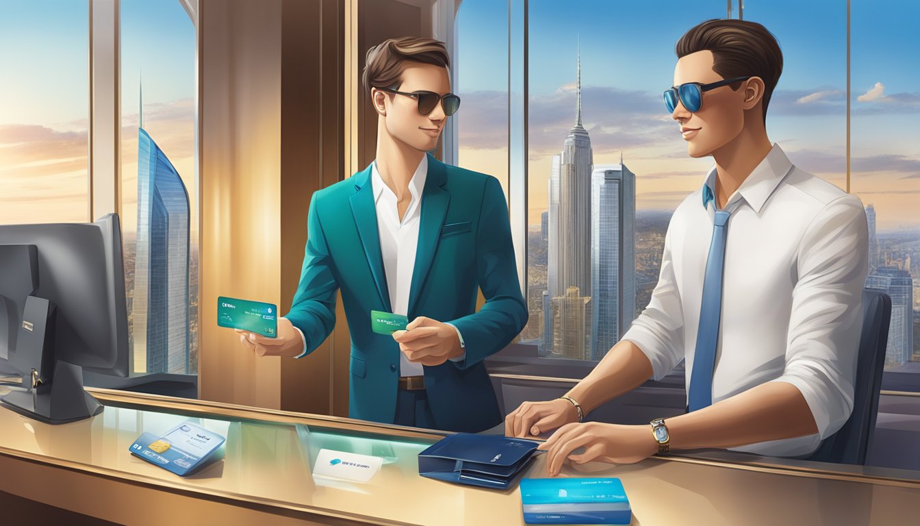 A traveler swipes a Standard Chartered Visa Infinite Credit Card at a luxury hotel check-in desk, with a view of a bustling city skyline through the window