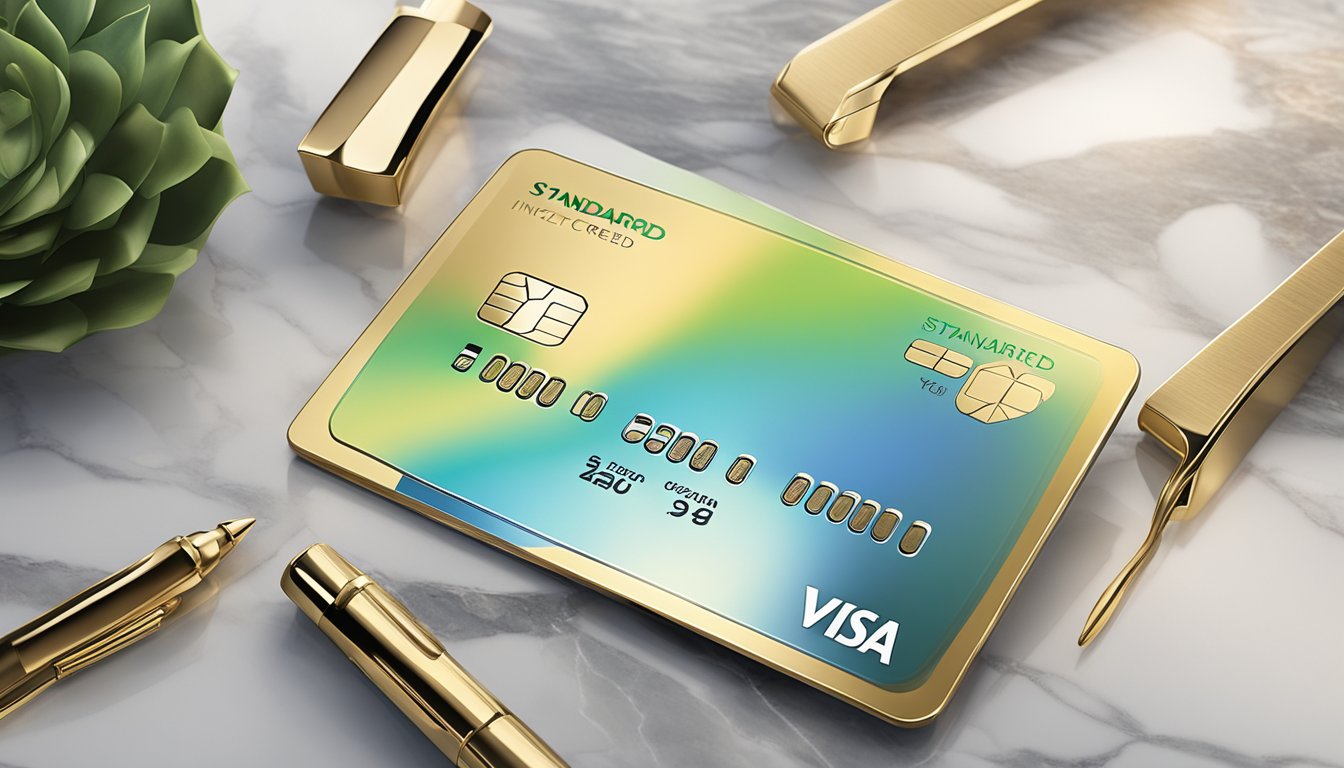 A sleek, metallic Standard Chartered Visa Infinite Credit Card sits on a luxurious, marble tabletop, surrounded by elegant, high-end accessories