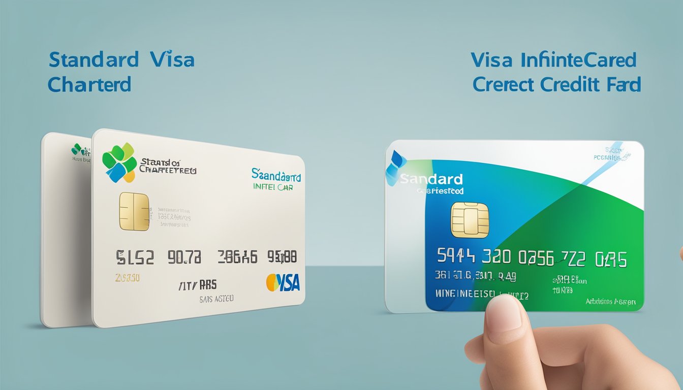 A hand holding a Standard Chartered Visa Infinite Credit Card, with the card's features and benefits displayed in the background