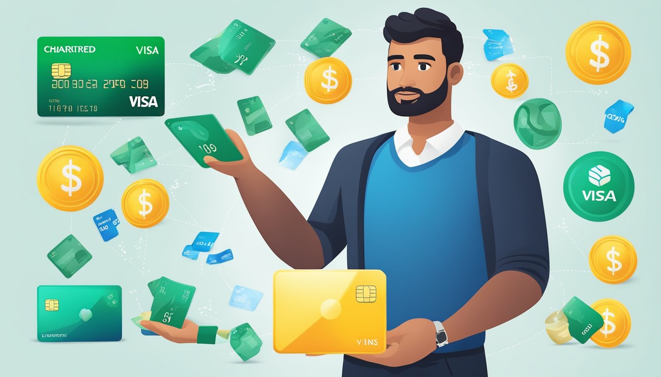 A man holds a Standard Chartered Visa Infinite Credit Card, weighing the benefits and drawbacks. Icons representing rewards and fees surround him
